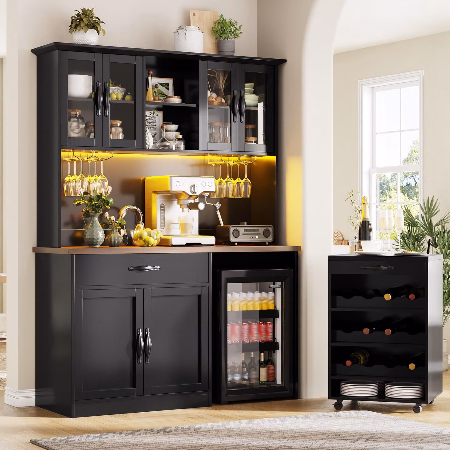 Mobile da cucina Flieks con carrello, mobile alto con illuminazione a LED, portabicchieri e portabottiglie, credenza 140x38x180 cm, nero