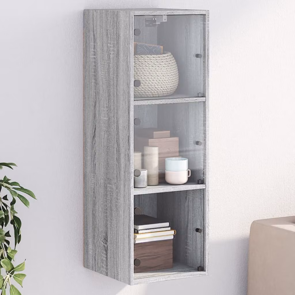 Mobile a muro vidaXL con ante in vetro, colore Grigio Sonoma, L: 35 cm, P: 37 cm, H: 100 cm