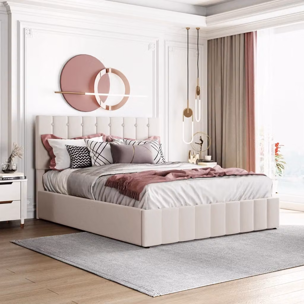 Letto contenitore Mivray con sollevamento idraulico, testiera in velluto bianco e rete a doghe, L/P/H: 140 x 200 x 106 cm – 2