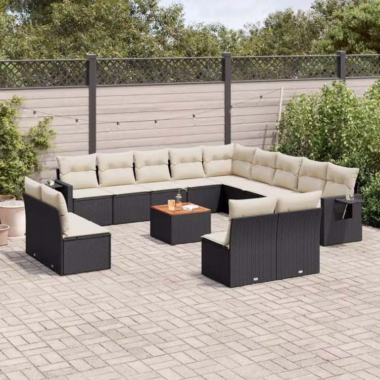 vidaXL Set Divani da Giardino a L in Polyrattan Nero con Cuscini e Tavolino da Esterno