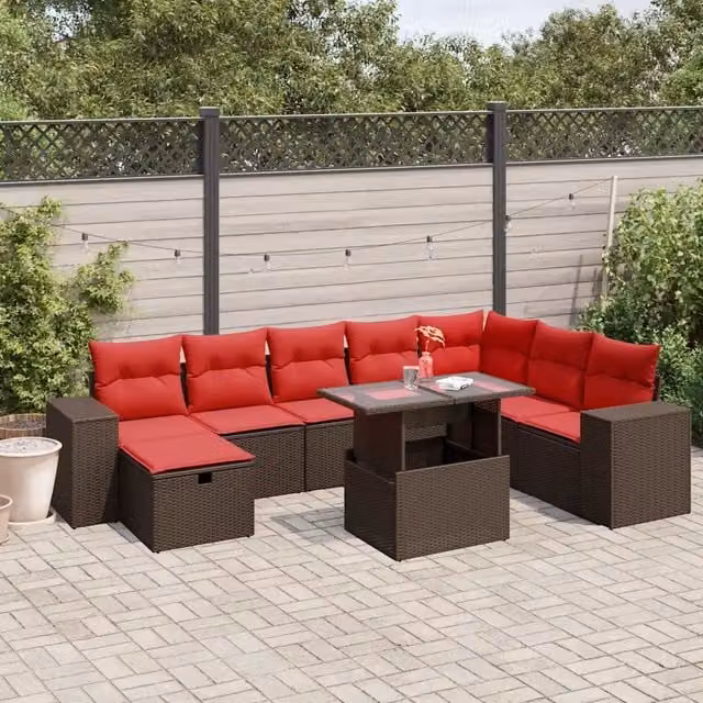 Set Divani da Giardino 9 pz con Cuscini Marrone in Polyrattan 3275354