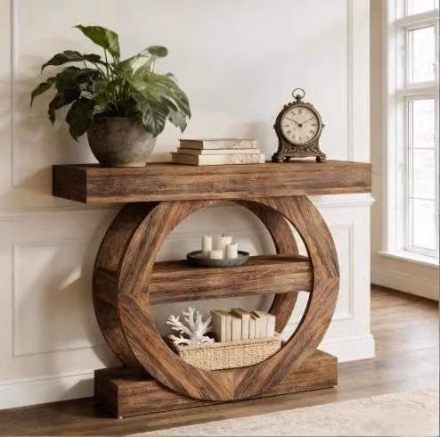 Tavolino Laterale in Stile Rustico con 3 Ripiani per Soggiorno e Ingresso, Legno Naturale, 105x30x85 cm