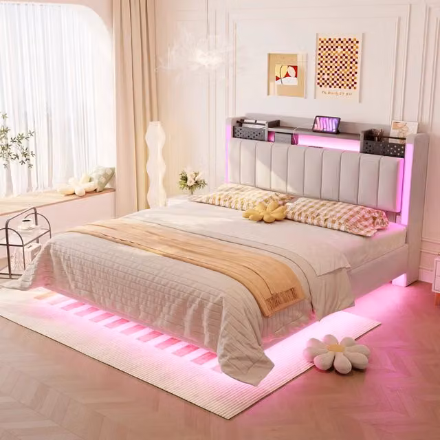 Letto imbottito 140 x 200 cm con contenitore, LED e USB, letto matrimoniale in lino beige effetto sospeso con testiera apribile e tasche laterali