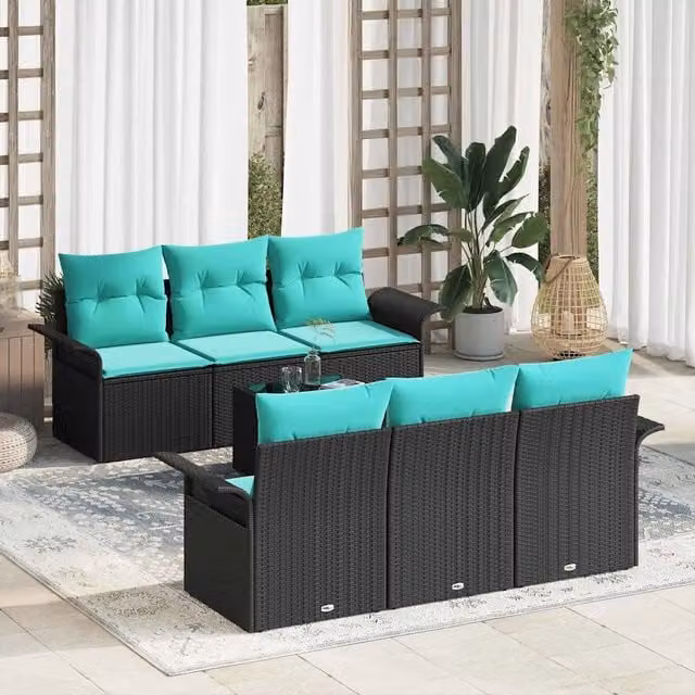 Set Divano da Giardino 7 pz Nero e Turchese polyrattan 3353925