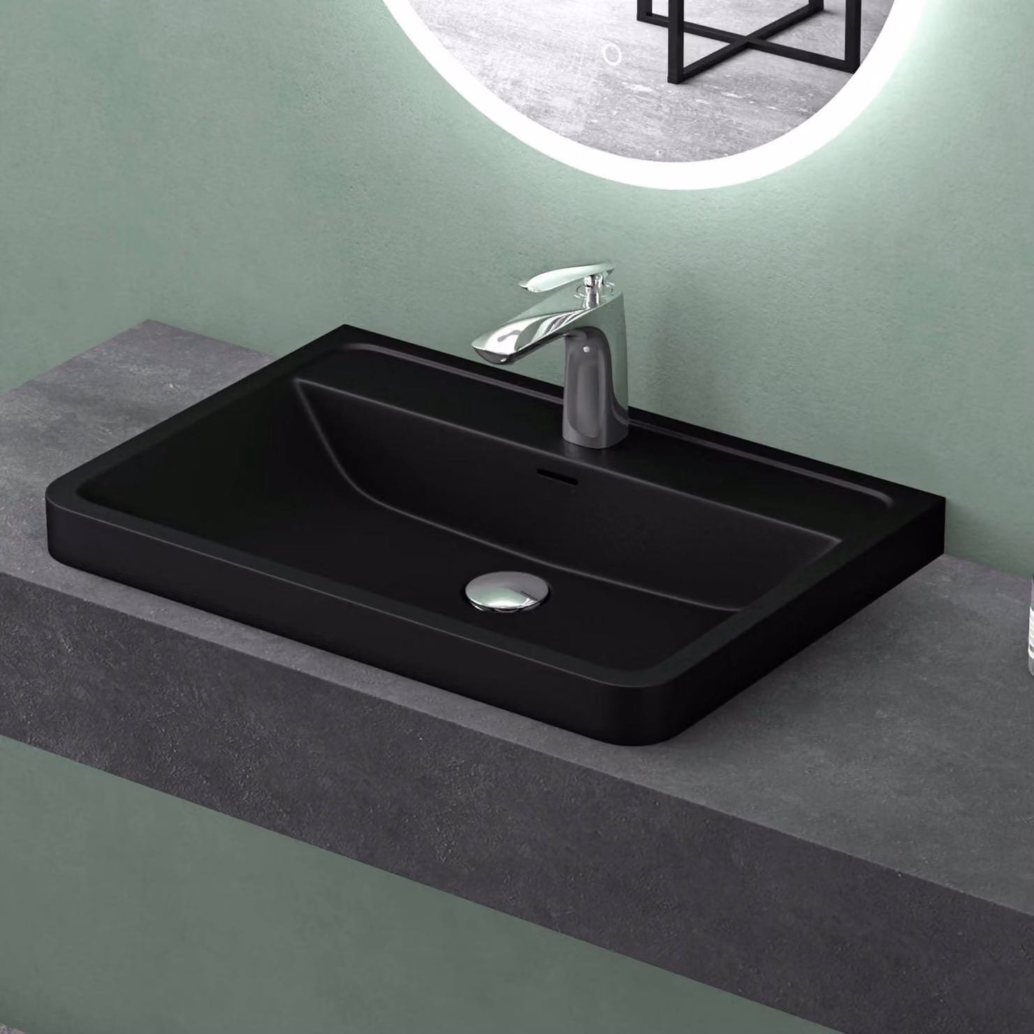 Lavabo in resina minerale, 90 cm, nero opaco, rettangolare