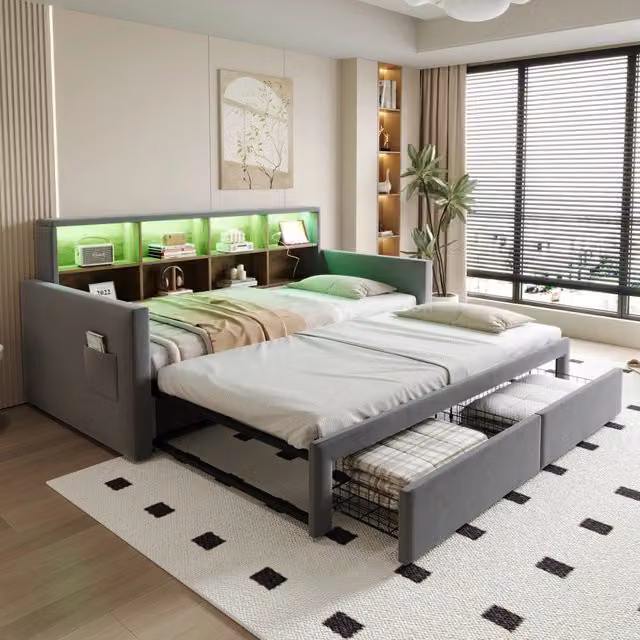 Divano letto estraibile 90/180 x 190 cm in velluto con testiera portaoggetti, LED, prese di ricarica, 2 cassetti e rete a doghe - Grigio scuro