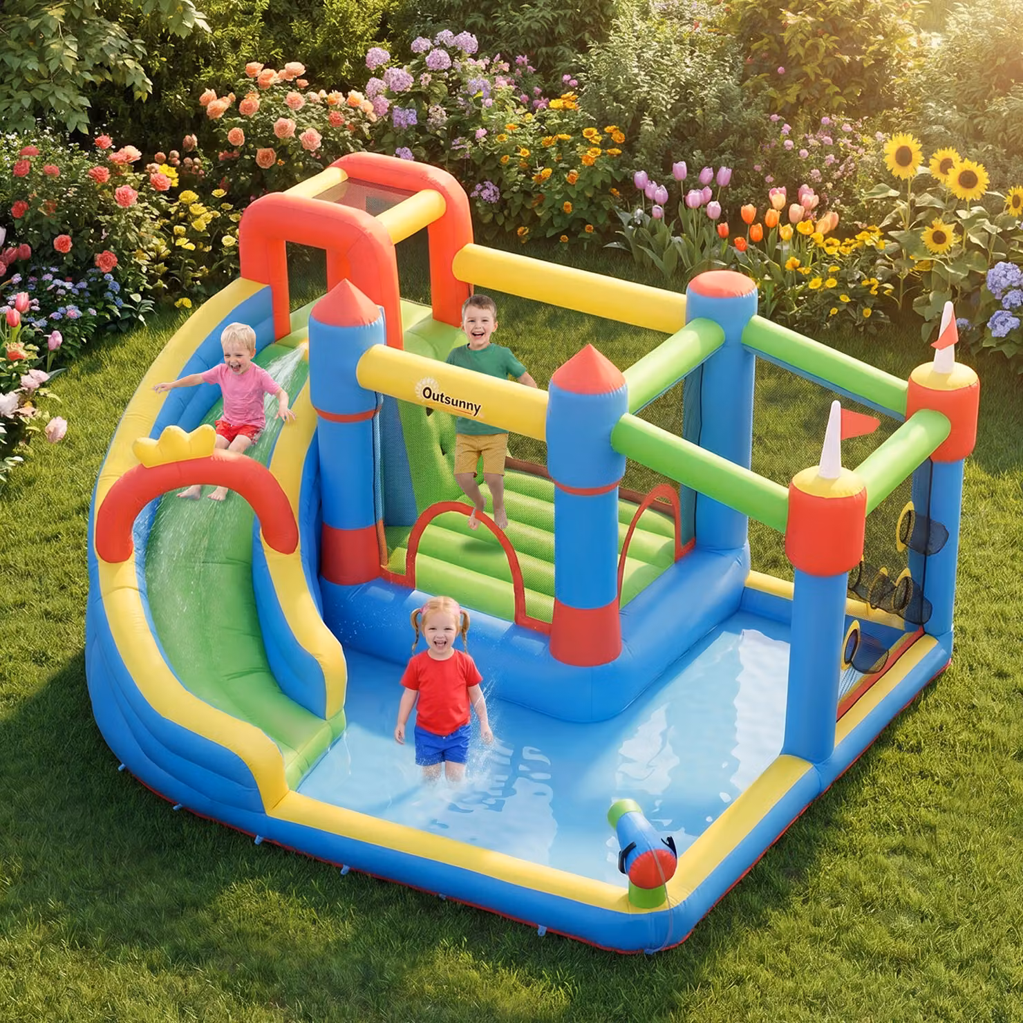 Castello Gonfiabile Outsunny 5 in 1 Multicolore con Scivolo, Trampolino, Piscina e Pistola ad Acqua per Bambini dai 3 ai 8 Anni – 2