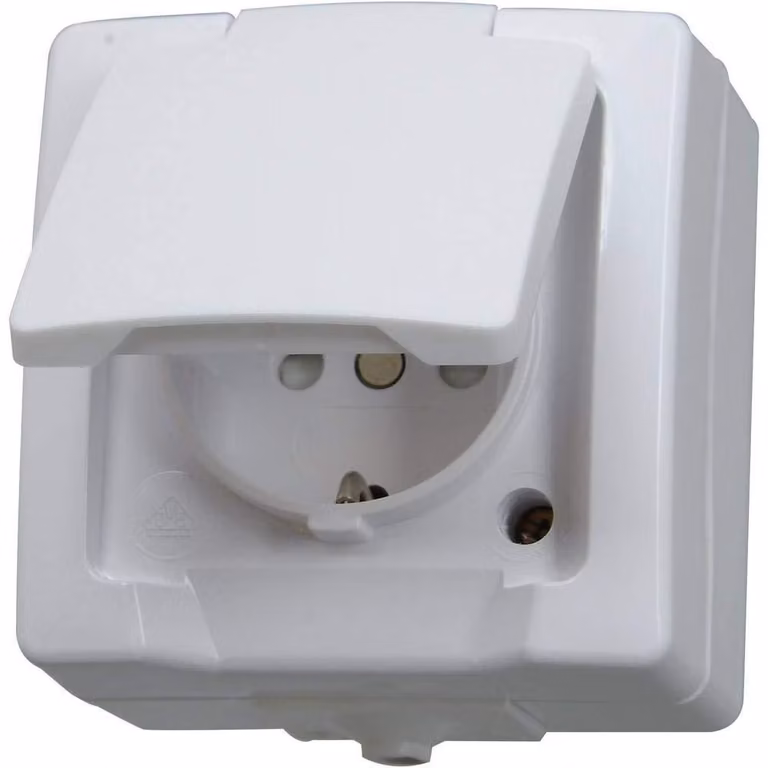 Presa di corrente a una uscita, con messa a terra e coperchio a battente, protezione dei contatti migliorata, grado di protezione IP44, colore bianco artico