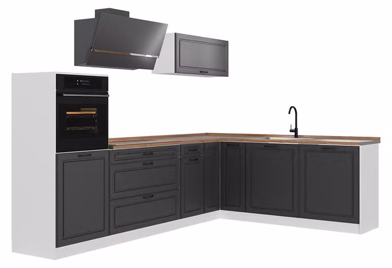 Cucina angolare completa Vicco R-Line Antracite country/Bianco 287 x cm piano di lavoro Rovere dorato, Model 68211