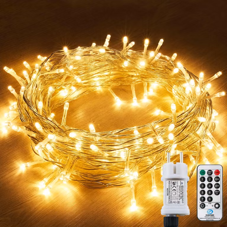 Catena luminosa con 120 LED, lunghezza 12 metri, grado di protezione IP44/IP65, con telecomando, luce bianco caldo