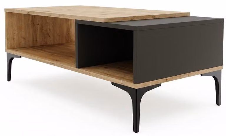 Tavolino moderno con struttura in legno nero opaco e gambe in metallo