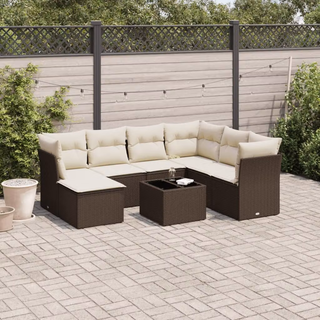 vidaXL Set Divani da Giardino 8 pz in Polyrattan Marrone con Cuscini e Tavolino da Esterno – 1