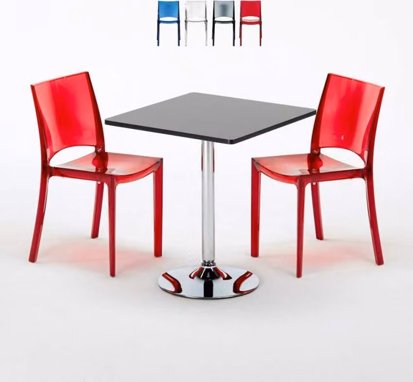 Tavolo quadrato nero e 2 sedie Set di aste per interni in polipropilene colorato Grand Soleil B-Side Phantom - Rosso trasparente
