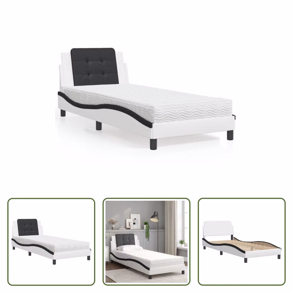 The Living Store Letto con materasso bianco e nero 80x200 cm in ecopelle
