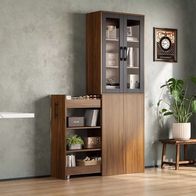 Colonna da cucina con ante in vetro e carrello estraibile a 4 livelli con ruote, MDF nero naturale, 60 × 30 × 180 cm