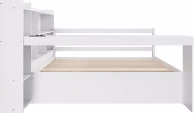 Divano Letto in Legno Massiccio 140x200 cm con Scrivania, Mensole e Prese, Letto Estraibile, Bianco