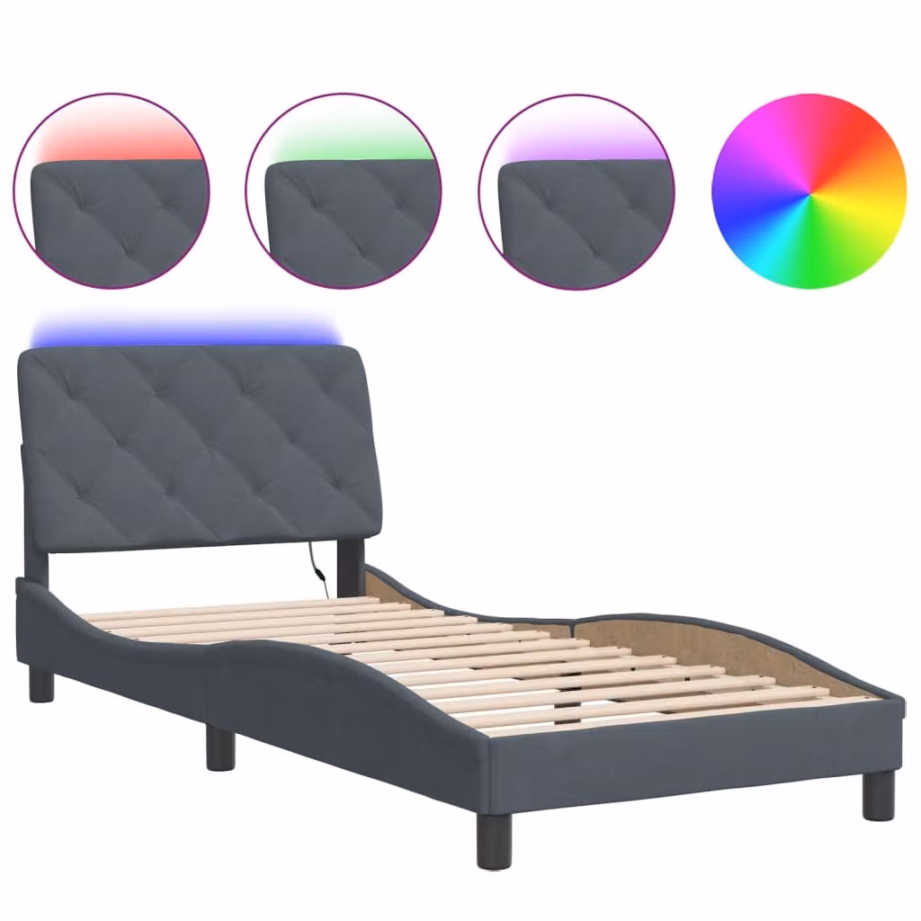 Giroletto con LED senza Materasso Grigio Scuro 90x200 cm in Velluto