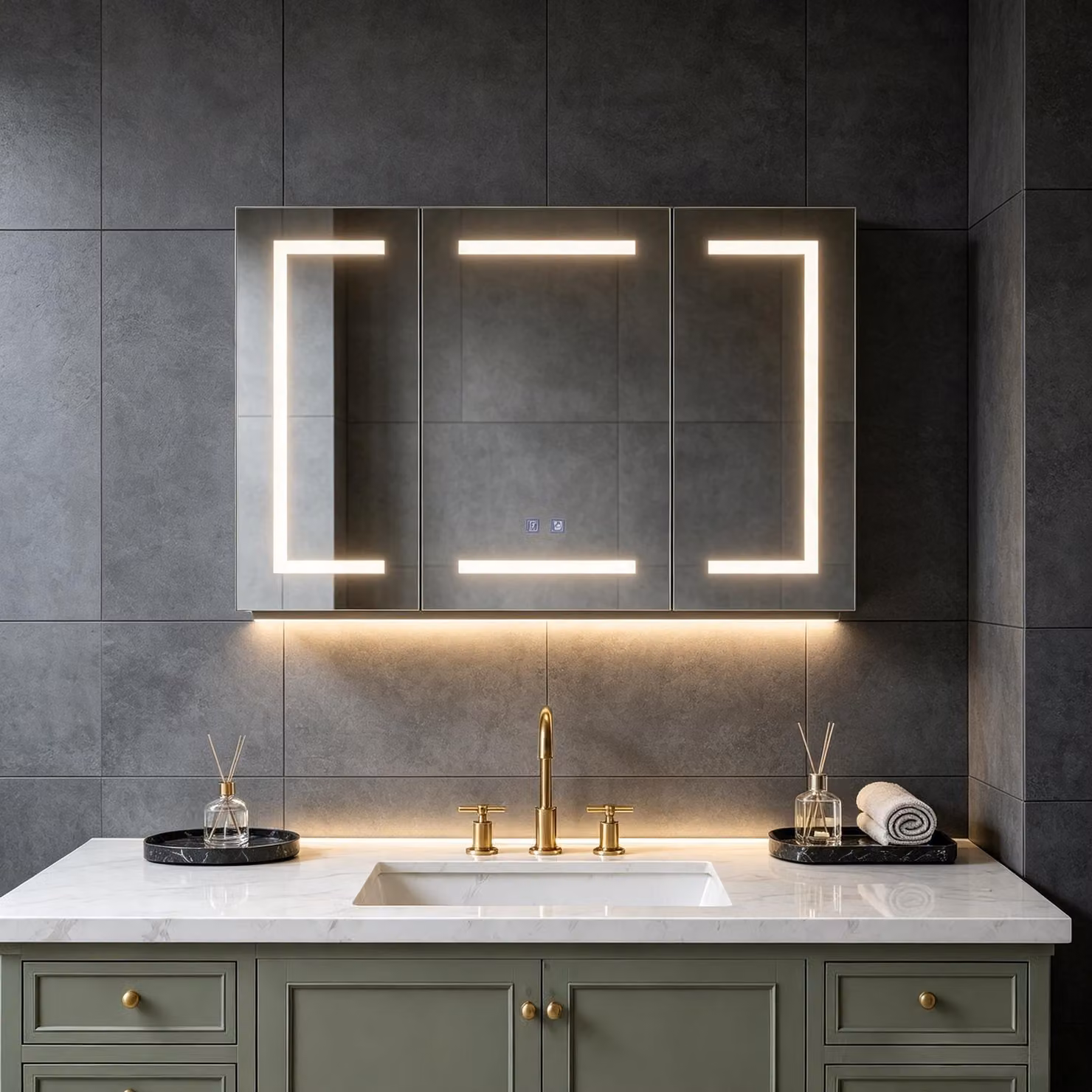 INONEFT, mobiletti specchio da bagno illuminati, mobiletti specchio per il bagno con presa di corrente, mobiletto da bagno con 3 ante e sensore touch LED, colore bianco