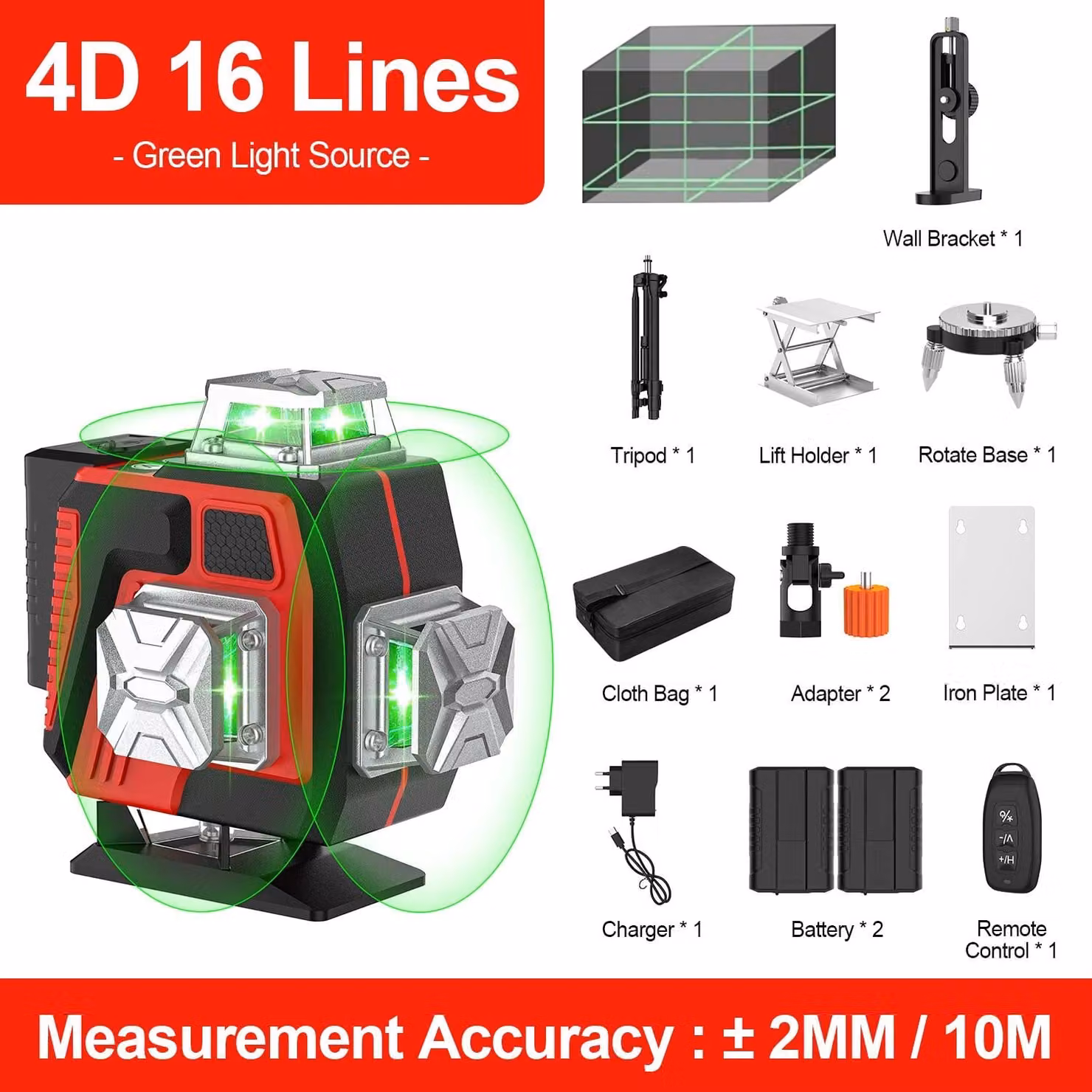 Livella laser - Livella laser a 4D con 16 linee, proiettore a croce - Laser verde, lunghezza d'onda 505–520 nm - Autolivellamento automatico a 3,5° - Rotazione a 360° in orizzontale e verticale - Include treppiede e custodia in tela - 2 batterie