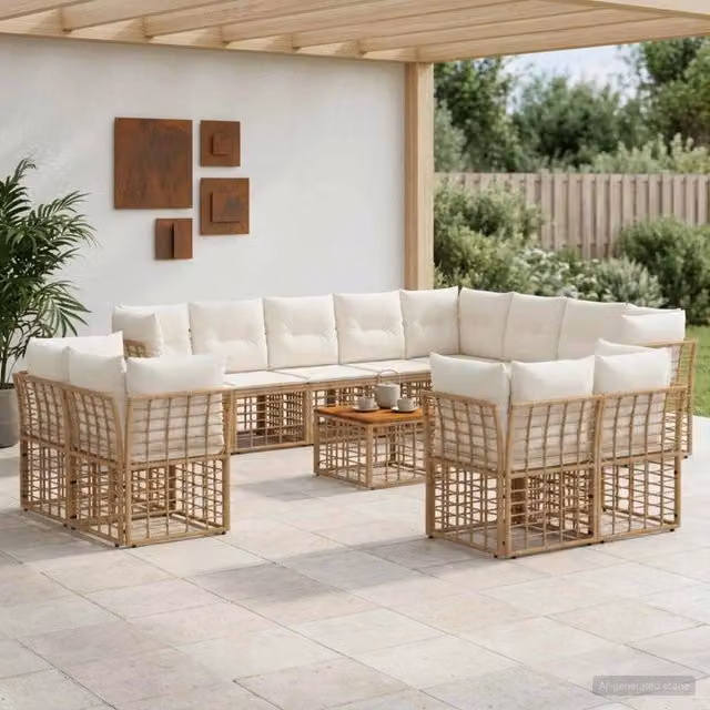 Set di divani da esterno vidaXL a forma di L con 12 posti, colore beige, marrone e bianco, composto da 13 pezzi con tavolino da caffè e cuscini inclusi – 1