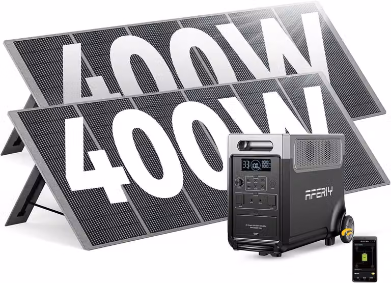 Set generatore solare AFERIY da 3600 W con stazione di ricarica LiFePO4 da 3840 Wh, inclusi 2 pannelli solari pieghevoli da 400 W