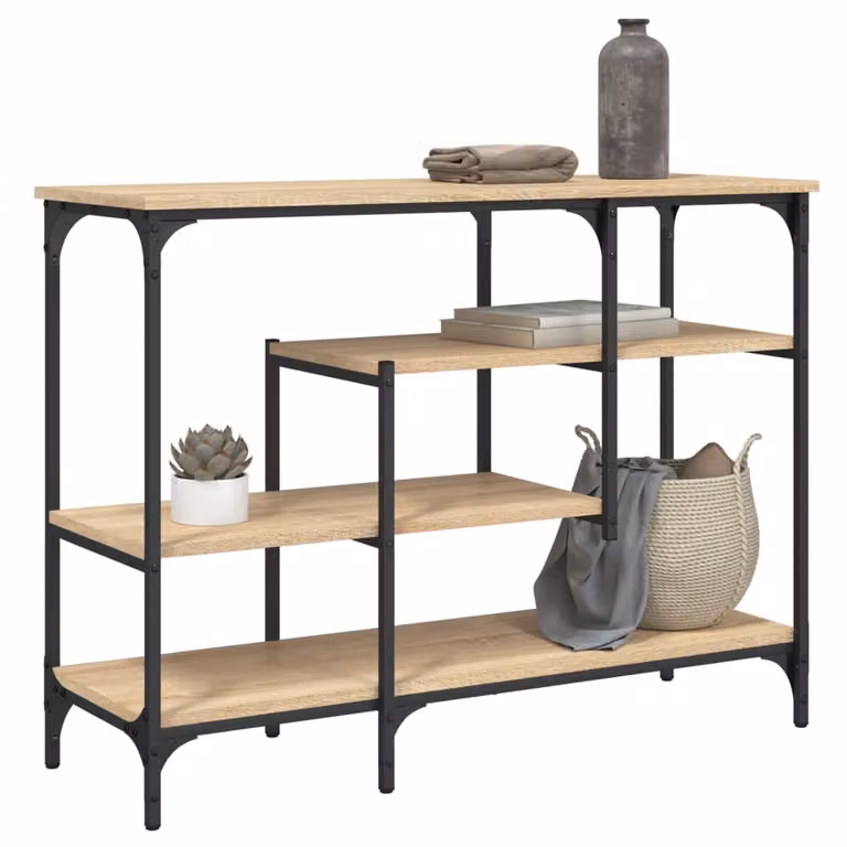 vidaXL Tavolino Consolle con Ripiani in Rovere e Metallo, L/P/H: 100 x 35 x 75 cm