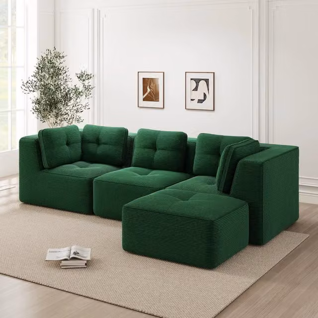Divano Angolare Modulare 3 Posti con Chaise Longue ¨C MINIMAL ¨C Velluto a Coste Verde