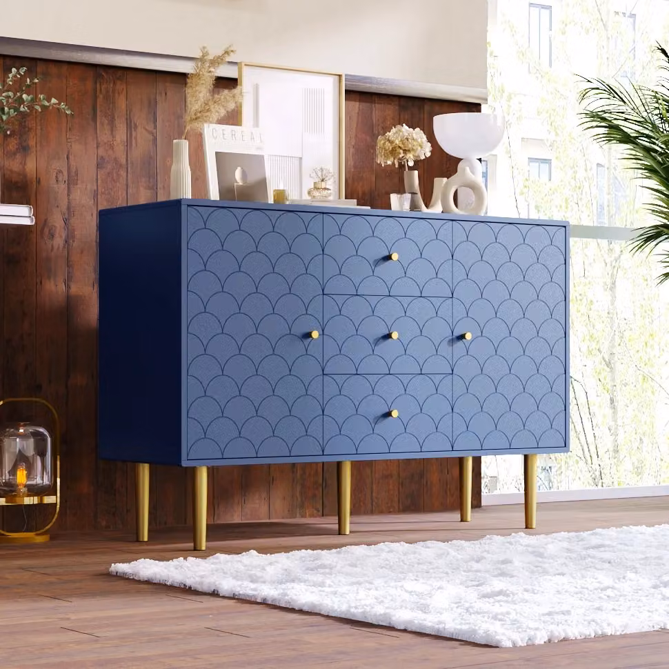 Comò Sideboard WISHDOR moderno con 2 ante e 3 cassetti, finitura opaca Blu, L/P/H: 120 x 40 x 83 cm – 2