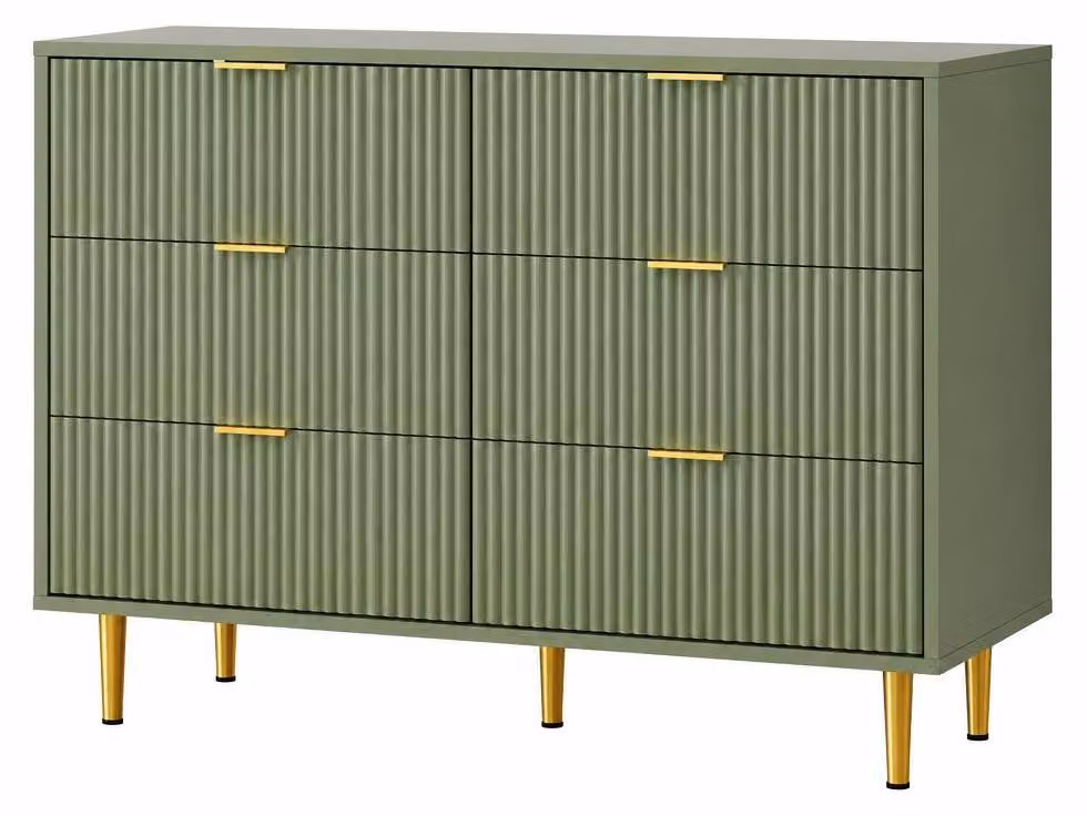 Set di 2 comodini con 6 cassetti, dimensioni 100x40x75 cm, frontali scanalati con motivo a onde, struttura con gambe, colore verde avocado
