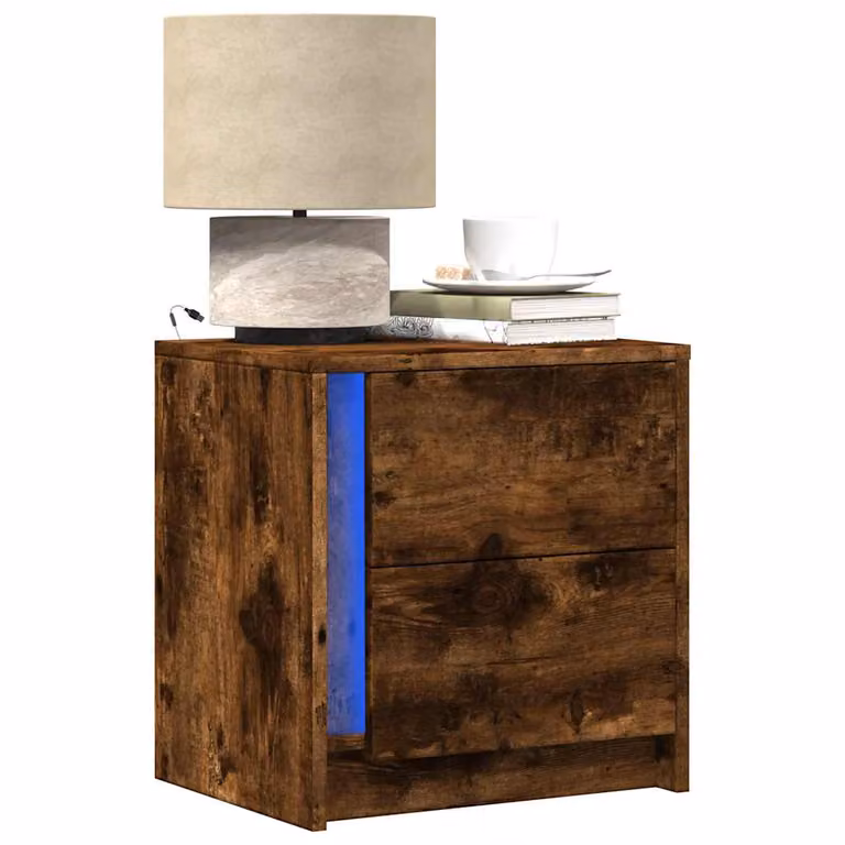 Set di 2 comodini vidaXL con luci LED integrate in legno multistrato, colore Rovere Fumo, stile moderno