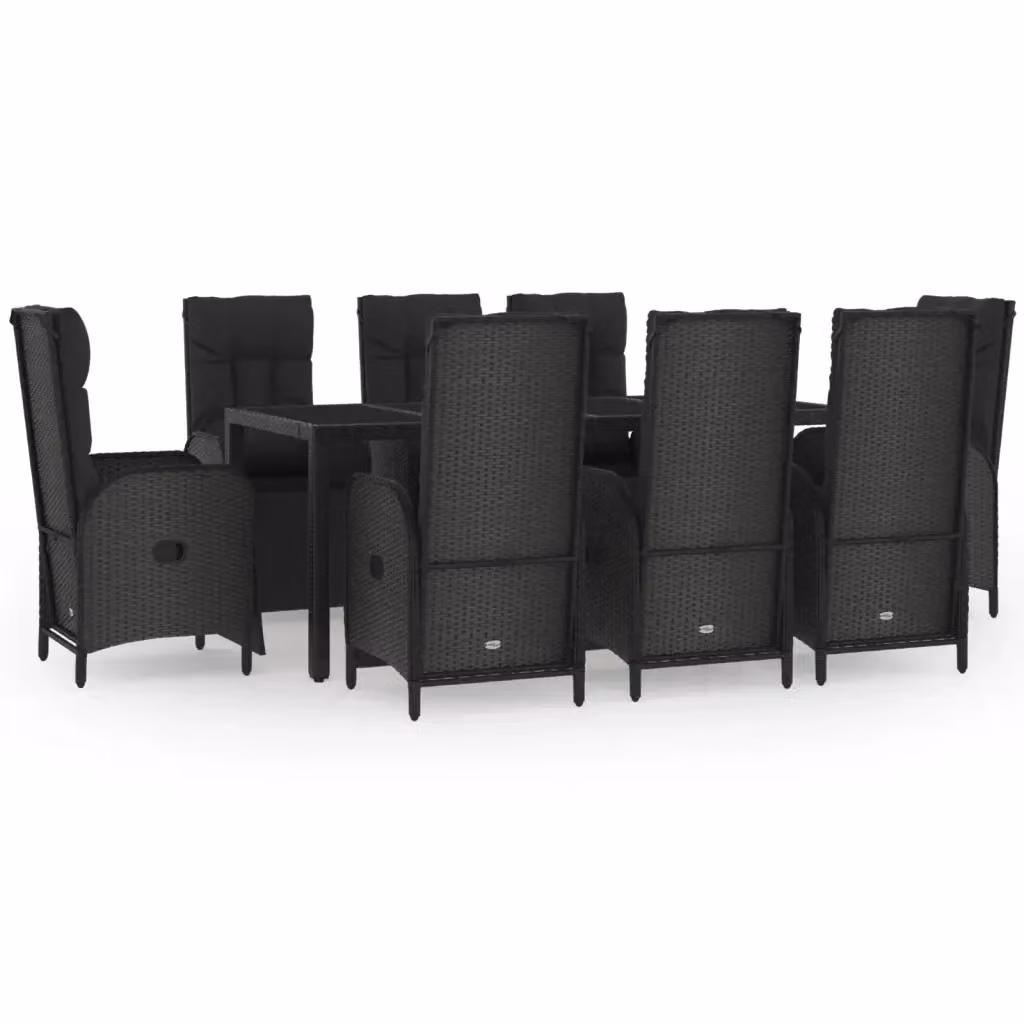 Set da pranzo da giardino vidaXL in polyrattan nero con cuscini e tavolo in vetro, 9 pezzi – 2