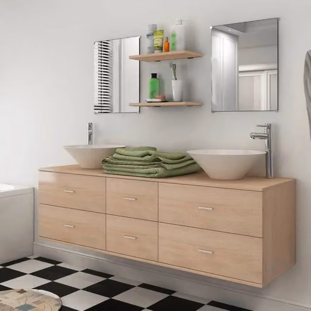 Set Mobili da Bagno 9 pz con Lavabo e Rubinetto Beige 273690