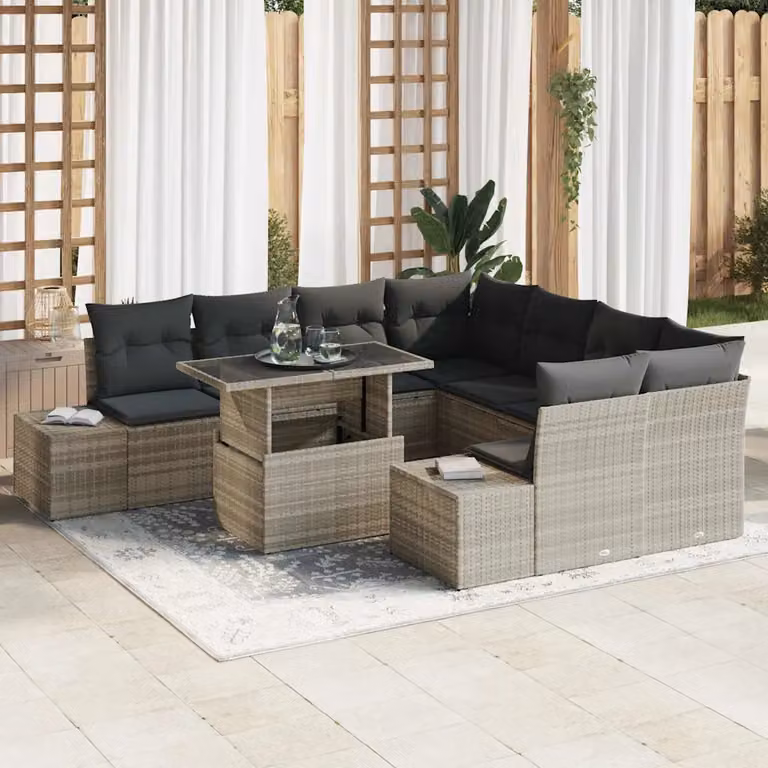 Set Divano da Giardino Moderno vidaXL in Polyrattan Grigio con Cuscini e Tavolino da 9 Pezzi