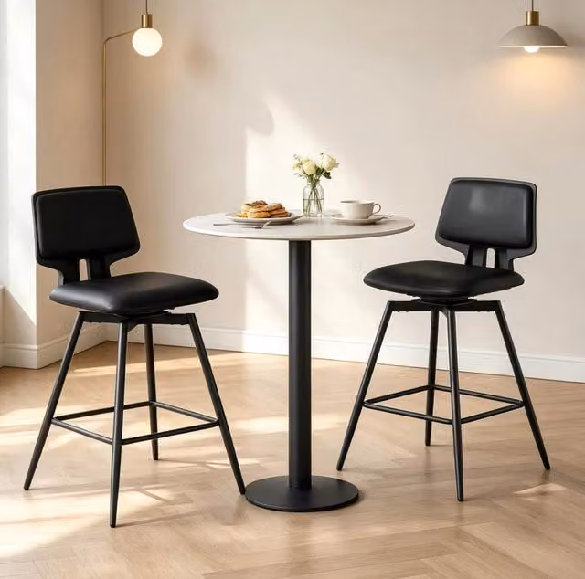 Set di 2 Sgabelli da Bar Neri in Ecopelle con Schienale Ergonomico e Base in Metallo, 45,5x45,5x89 cm
