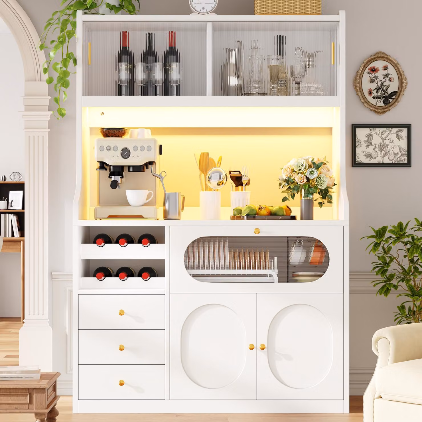 Mobiletto da cucina alto 120x40x180 cm con illuminazione RGB controllabile tramite app, ante scorrevoli in vetro, scaffale per vino, tre cassetti e ante a ribalta, tutto in bianco