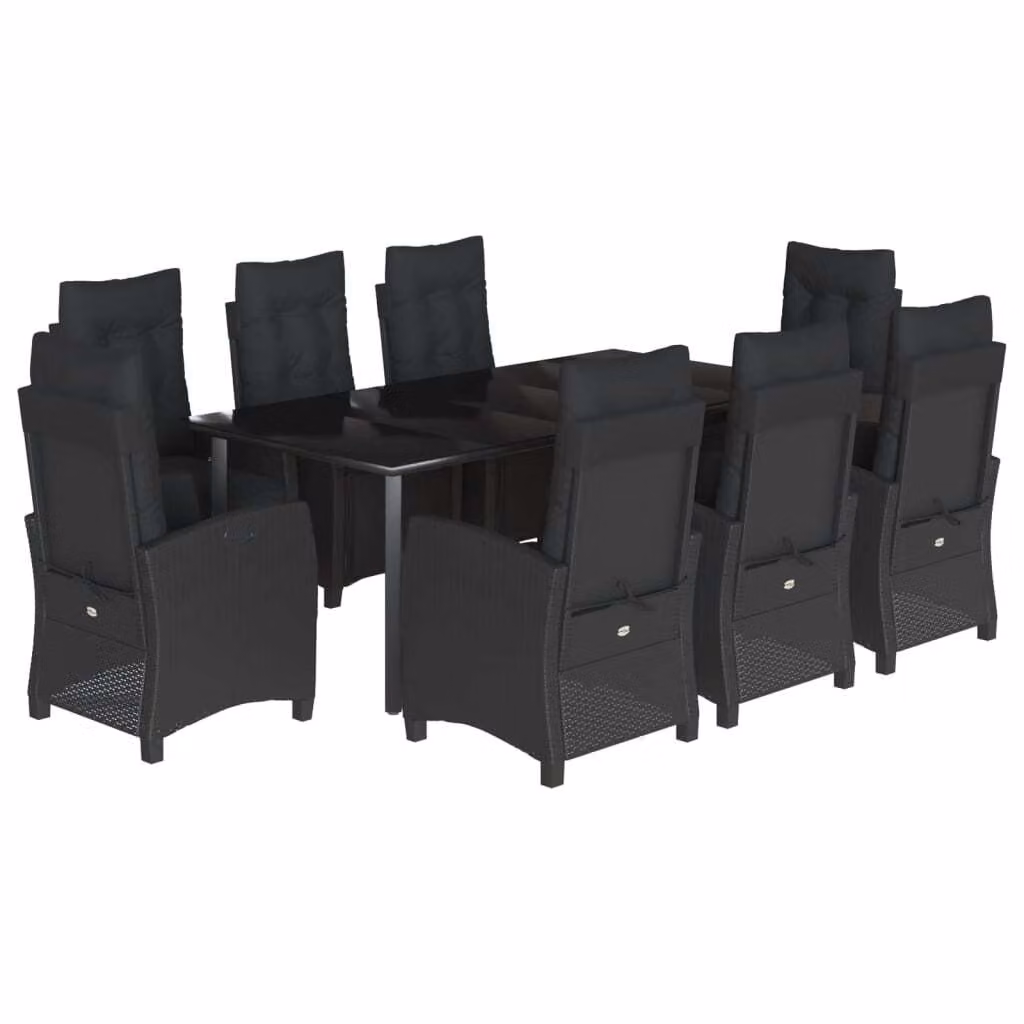 Set da Pranzo da Giardino 9 pz con Cuscini Nero in Polyrattan