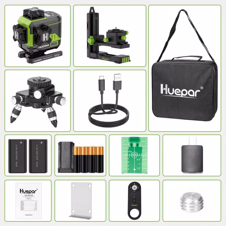 Livella laser a croce a 16 linee, laser verde 4D con display LCD, Bluetooth e telecomando, e due batterie