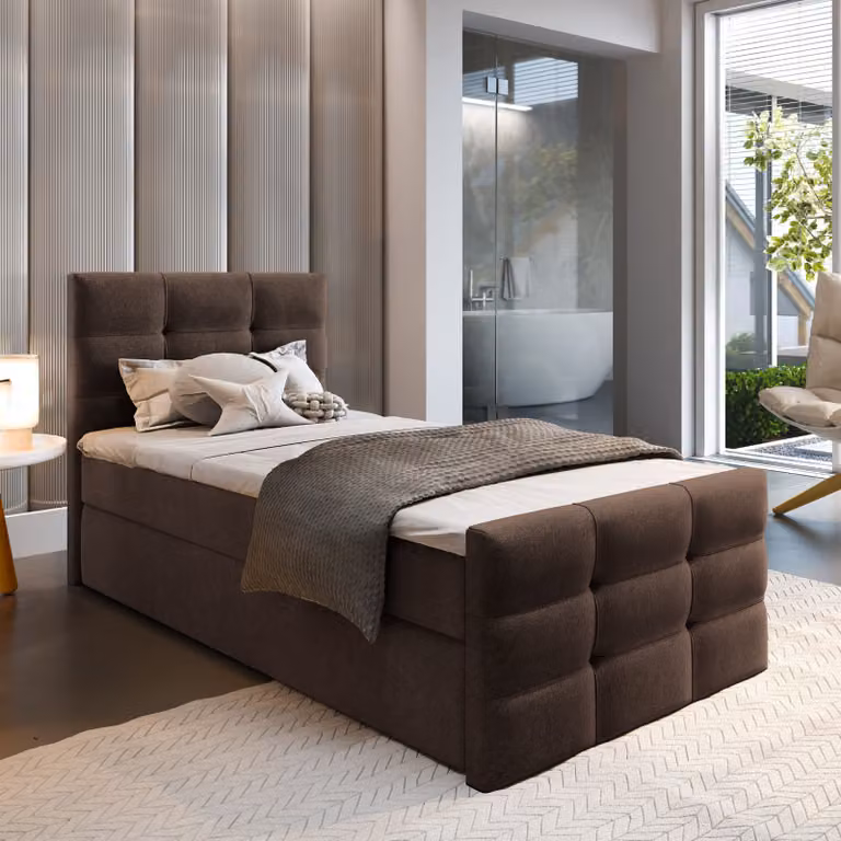 Letto a molle insacchettate Masseno AMON 90 90x200 cm completo di materasso e topper Bonell, letto imbottito con cassettiera - marrone, COSMIC 800