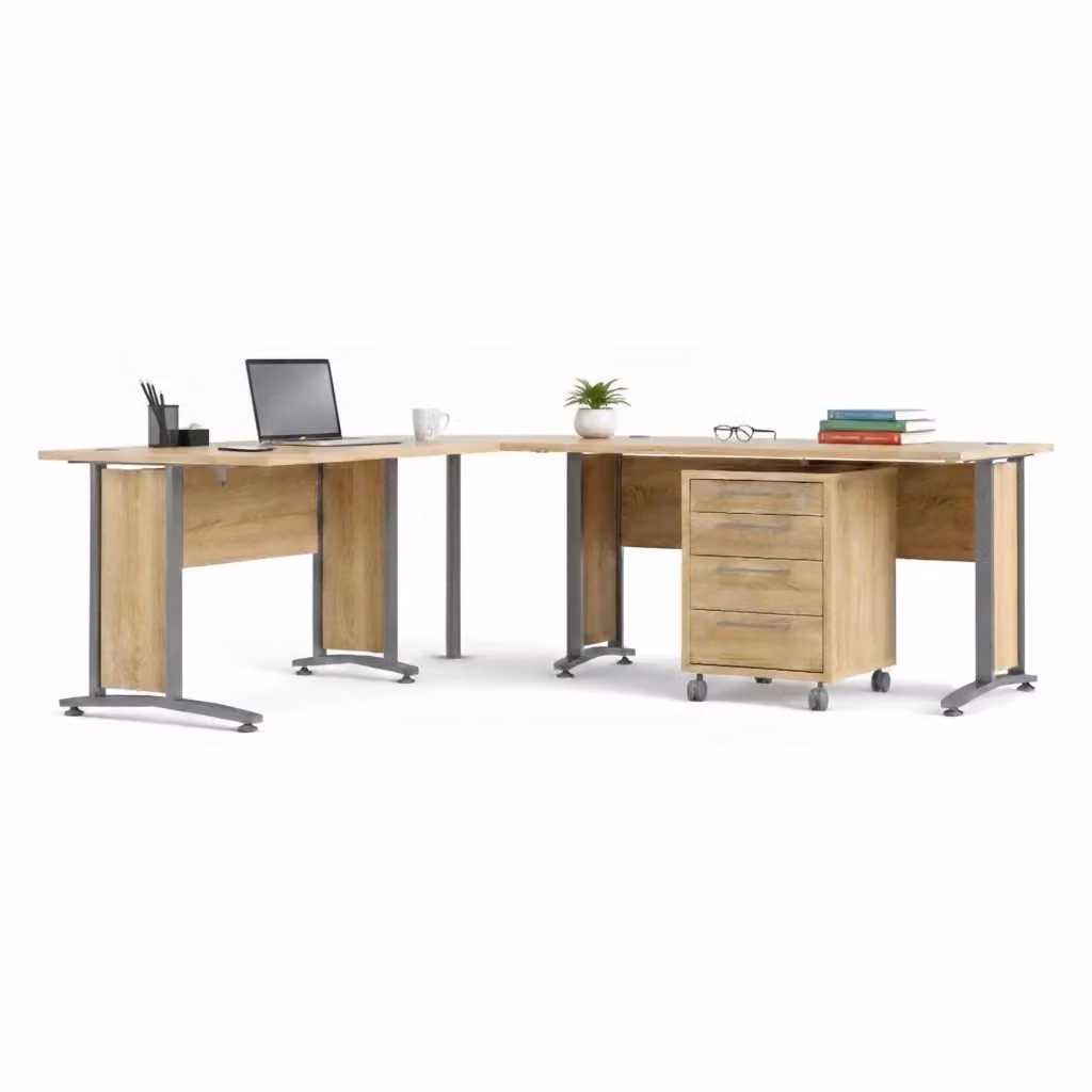 Scrivania Megh DMORA moderna per ufficio e casa, tavolo porta PC rettangolare in legno, Grigio e Quercia, L: 200 cm, P: 200 cm, H: 74,5 cm – 2