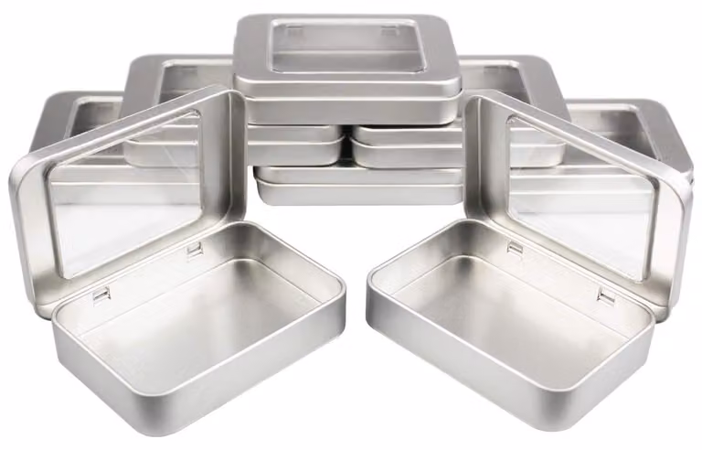 Omgoods - Contenitori per la conservazione, 8 pezzi - Con coperchio a chiusura ermetica - Con finestra - Scatole metalliche - Leggeri - 10 x 7 x 2 cm - Contenitori per alimenti