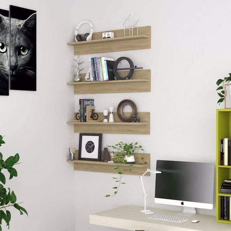 Set di 4 mensole da muro vidaXL in legno multistrato color rovere, L 80 cm x P 18 cm x H 11,5 cm