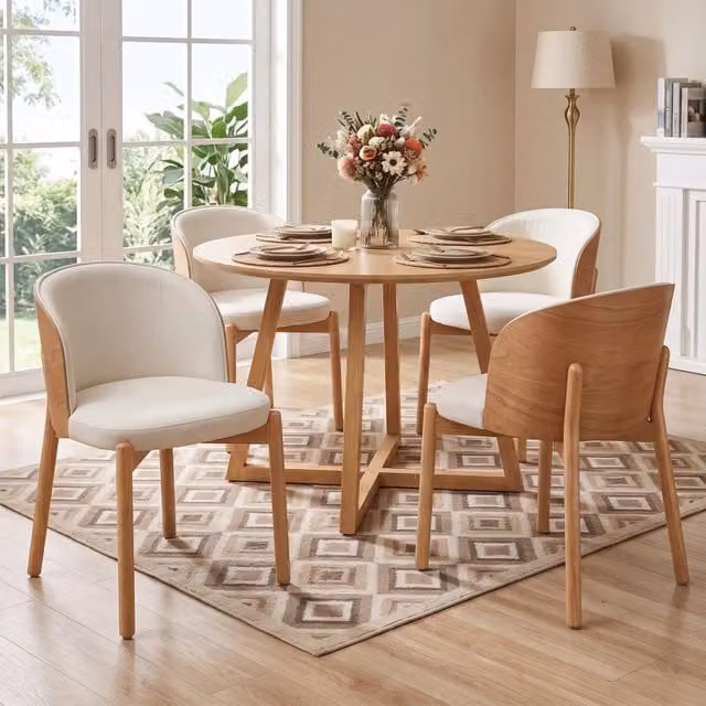Set di 4 sedie da pranzo moderne REDOM in legno di frassino e gomma con rivestimento in tessuto beige opaco