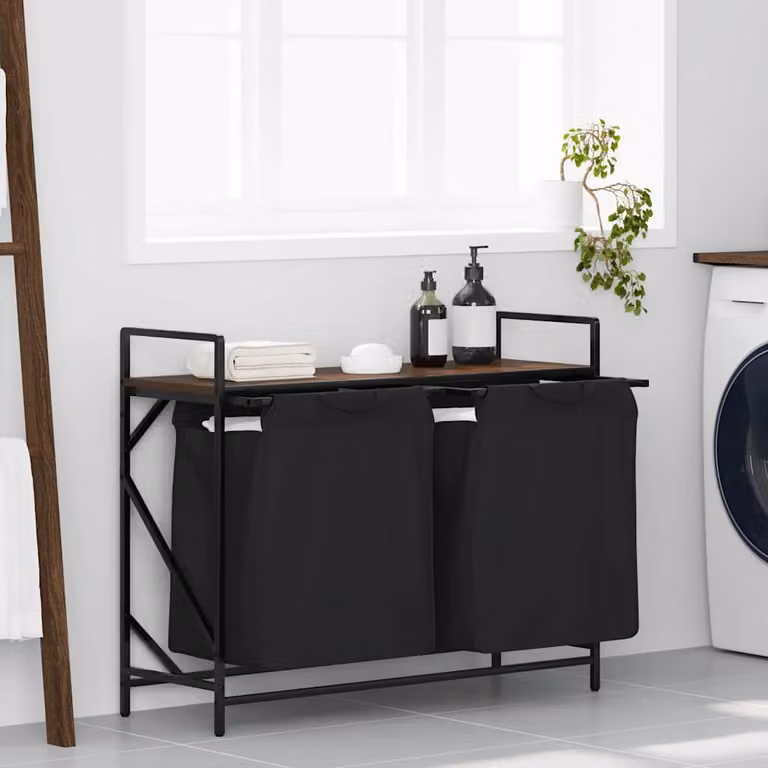 vidaXL Cesto della Biancheria a 2 Scomparti con Ripiano, Marrone e Nero, L/P/H: 77 x 33 x 97 cm