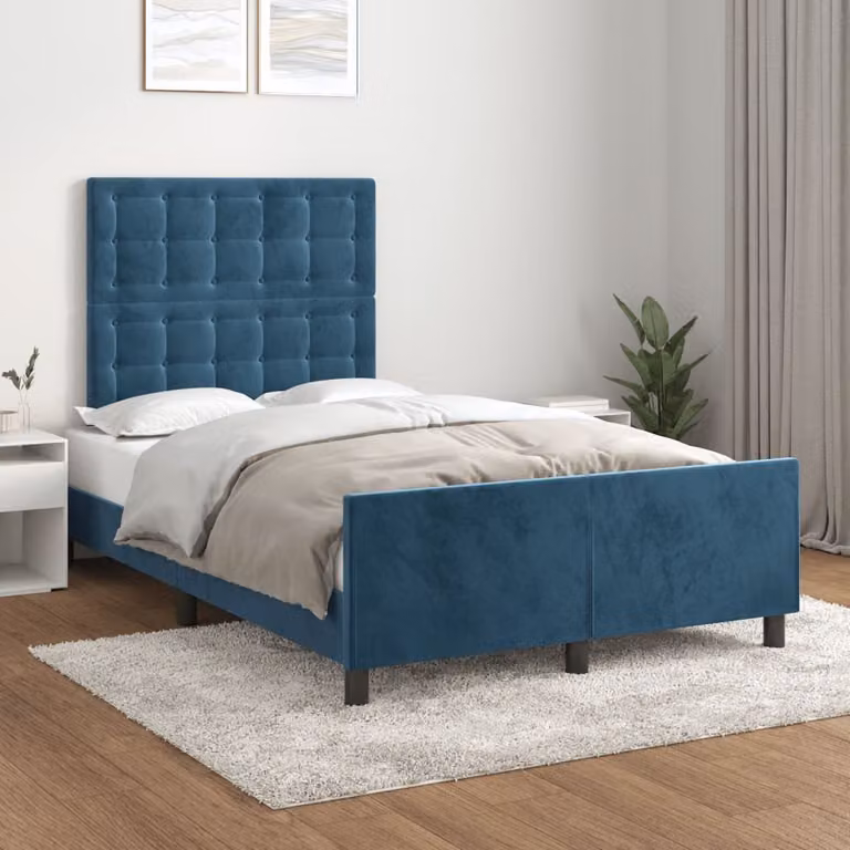 The Living Store Struttura letto con testiera in velluto blu scuro 120x200 cm