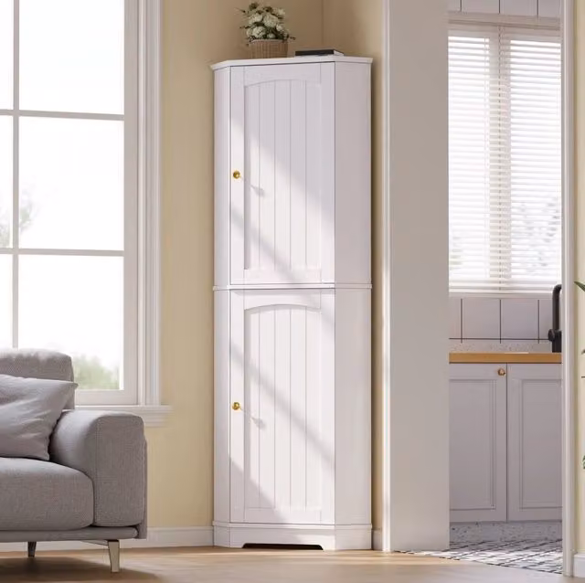 Armadio angolare alto bianco in MDF con ripiani regolabili e 2 ante, 42×42×166 cm