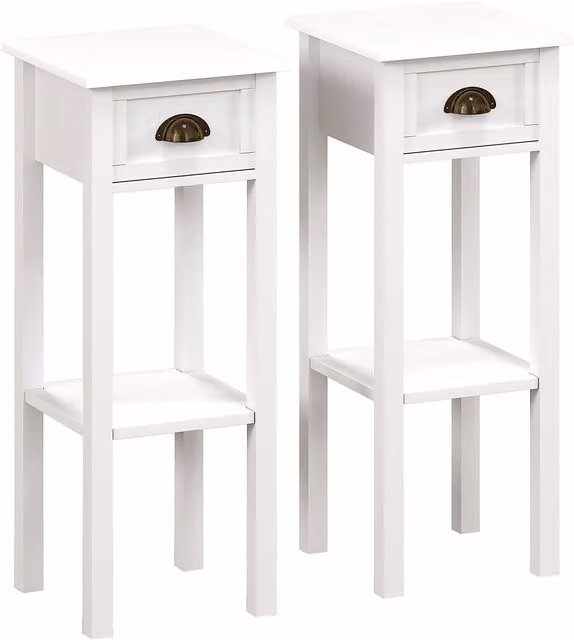 Set di 2 tavolini d'appoggio HOMCOM bianchi con cassetto e ripiano inferiore, stile moderno, L/P/H: 30 x 30 x 75 cm