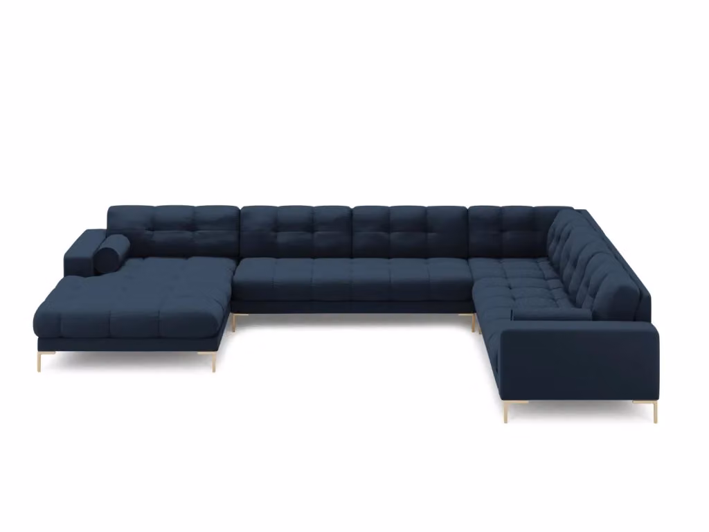 Divano panoramico destro Bali di Cosmopolitan Design, 7 posti in tessuto blu e oro, L: 327 cm, P: 174,8 cm, H: 75 cm – 2