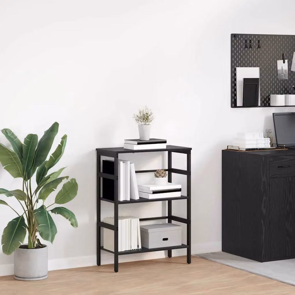 Libreria a 2 livelli vidaXL in stile industrial con struttura in metallo e legno MDF, colore nero, L 60 cm x P 29,5 cm x H 81 cm