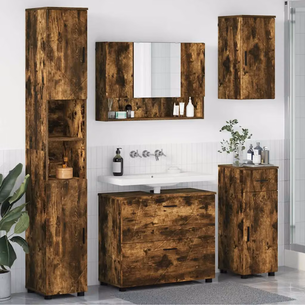 Set di mobili per il bagno moderno vidaXL in 5 pezzi, Rovere e Nero, L/P/H: 35 x 30 x 192 cm – 1