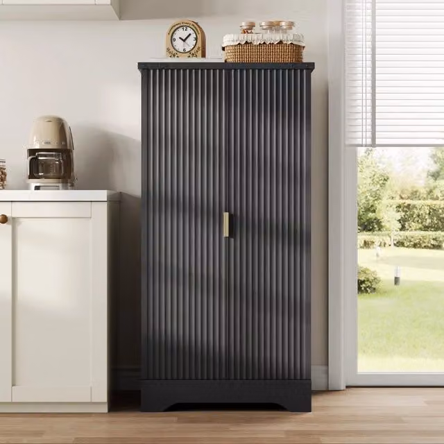 Credenza cucina con LED sensore 120 x 60;5 x 40 cm; mobile dispensa doppia anta in MDF nero con portaspezie